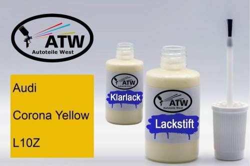 Audi, Corona Yellow, L10Z: 20ml Lackstift + 20ml Klarlack - Set, von ATW Autoteile West.